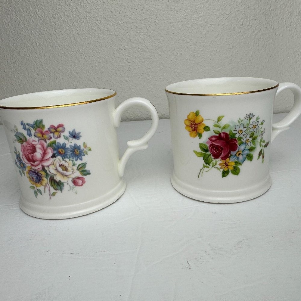 Staffordshire Mugs Set Of 2 Made In England Flowers Porcelain Gold Trim